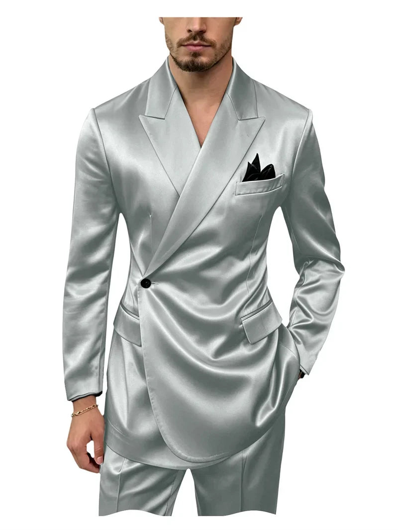 Men's 2 Piece Satin Suit Asymmetrical Wrap Peak Lapel Suit One Button Slim Fit Blazer Pants Wedding Formal Evening Luxury Outfit