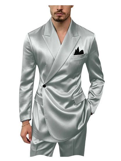 Men's 2 Piece Satin Suit Asymmetrical Wrap Peak Lapel Suit One Button Slim Fit Blazer Pants Wedding Formal Evening Luxury Outfit