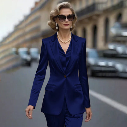 Women's Gold Satin Blazer Suit Set Stylish Single-Breasted Jacket+Pants Luxe Shiny Two-piece for Cocktail Party Wedding Guest