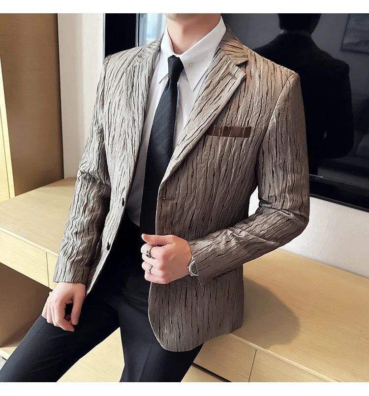 Korean Trend 3D Pleated Suit Jacket for Men Wedding Groom Business Dress Jacket Casual Banquet Party Host Blazer Masculino