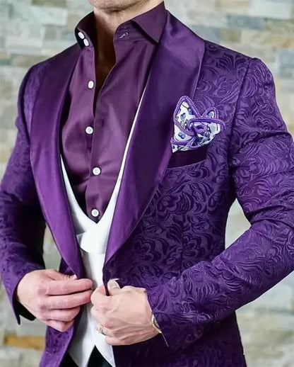 Men wedding Suits Pattern and Black Groom Tuxedos Shawl Satin Lapel Groomsmen Wedding Best Man ( Jacket+Pants+Vest)