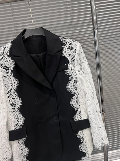Women Chic Blazer Lace Patchwork Color Block Notched Collar Double Breasted Elegant Trendy Jacker New Spring Autumn HK20168