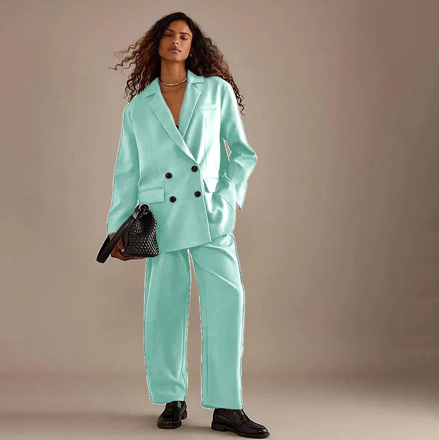 Leisure Brown Double Breasted Women Pants Set High-end Female Two Pieces(Jacket+Trousers)أطقم بناطيل