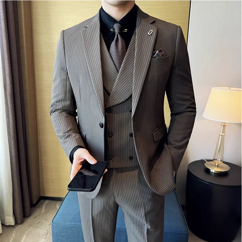 (Jackets+Pants+Vest) Luxury Stripe Men Suit Korean Version Fashion Elegant Slim Fit Tuxedo Formal Groom Wedding Social Suits