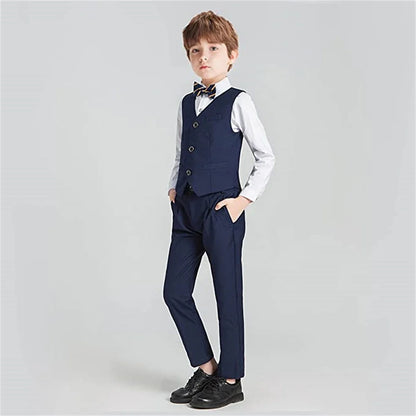 Kids Suit Set Notched Lapel Boys Formal 4-Piece Black Navy for Communion Wedding
