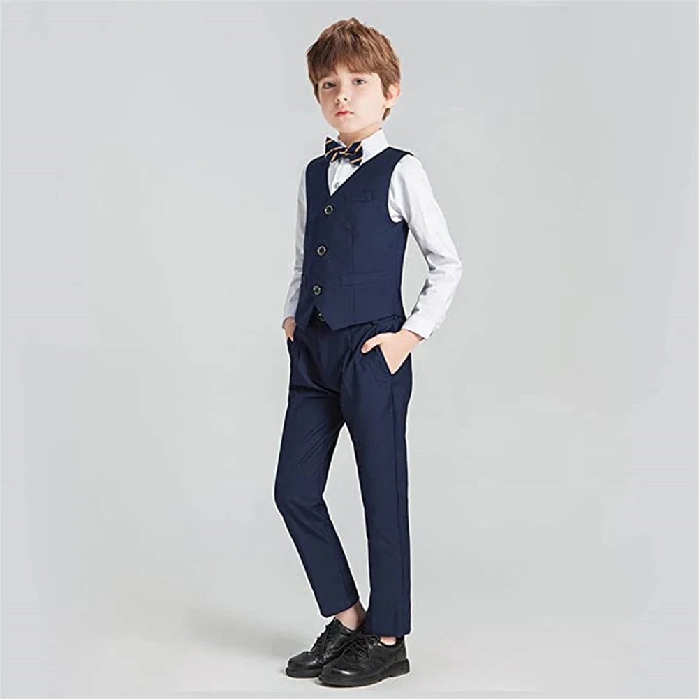 Boys Suit Set 4-Piece Formal Tuxedo with Adjustable Waist for Kids Weddings and Events