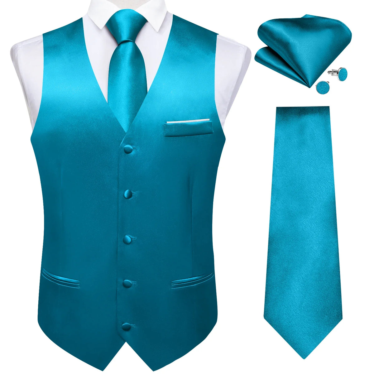 Men's Satin Suit Vest Set with Tie Handkerchief and Cufflinks for Wedding and Prom