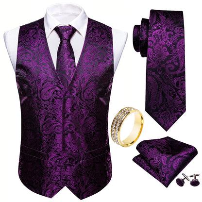 Men's Vest Paisley V-Neck Single Breasted Black & Bright Purple with Tie Pocket Square Cufflinks for Banquet & Party
