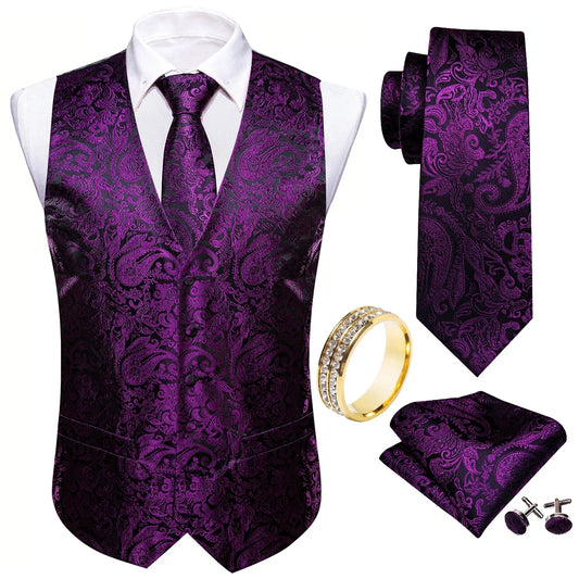 Men's Vest Paisley V-Neck Single Breasted Black & Bright Purple with Tie Pocket Square Cufflinks for Banquet & Party