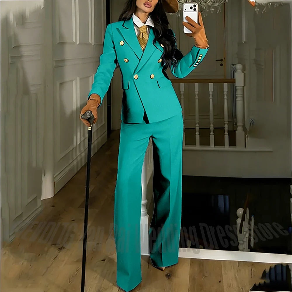 Navy Blue Women's Suit Regular Fitted Customized Peaked Lapel Blazer Professional Outfit(Jacket+Pants) Office Lady Daily Set