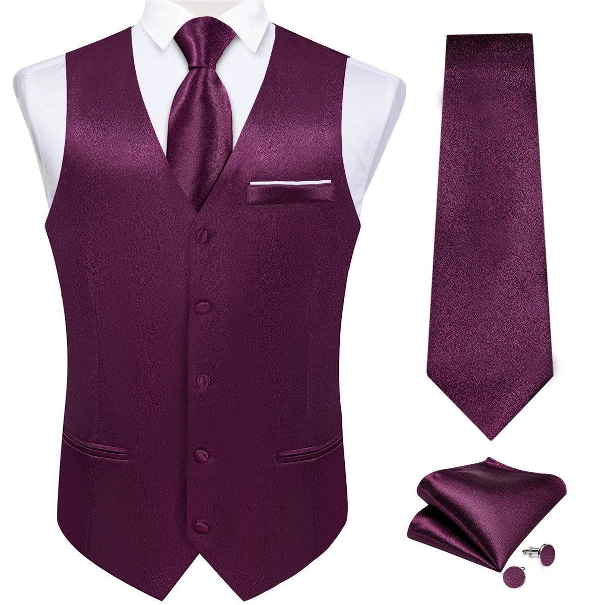 Men's Formal Vest Suit Set — Solid Color Waistcoat with Tie & Pocket Square for Weddings & Parties