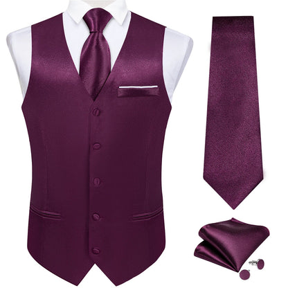 Men's Formal Vest Suit Set — Solid Color Waistcoat with Tie & Pocket Square for Weddings & Parties