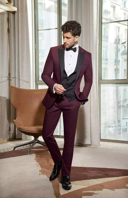 Burgundy Men Suits Slim Fit 3 Piece Peak Lapel Single Breasted Suit Men Wedding Prom Party Business Tuxedos (Blazer+Vest+Pants)