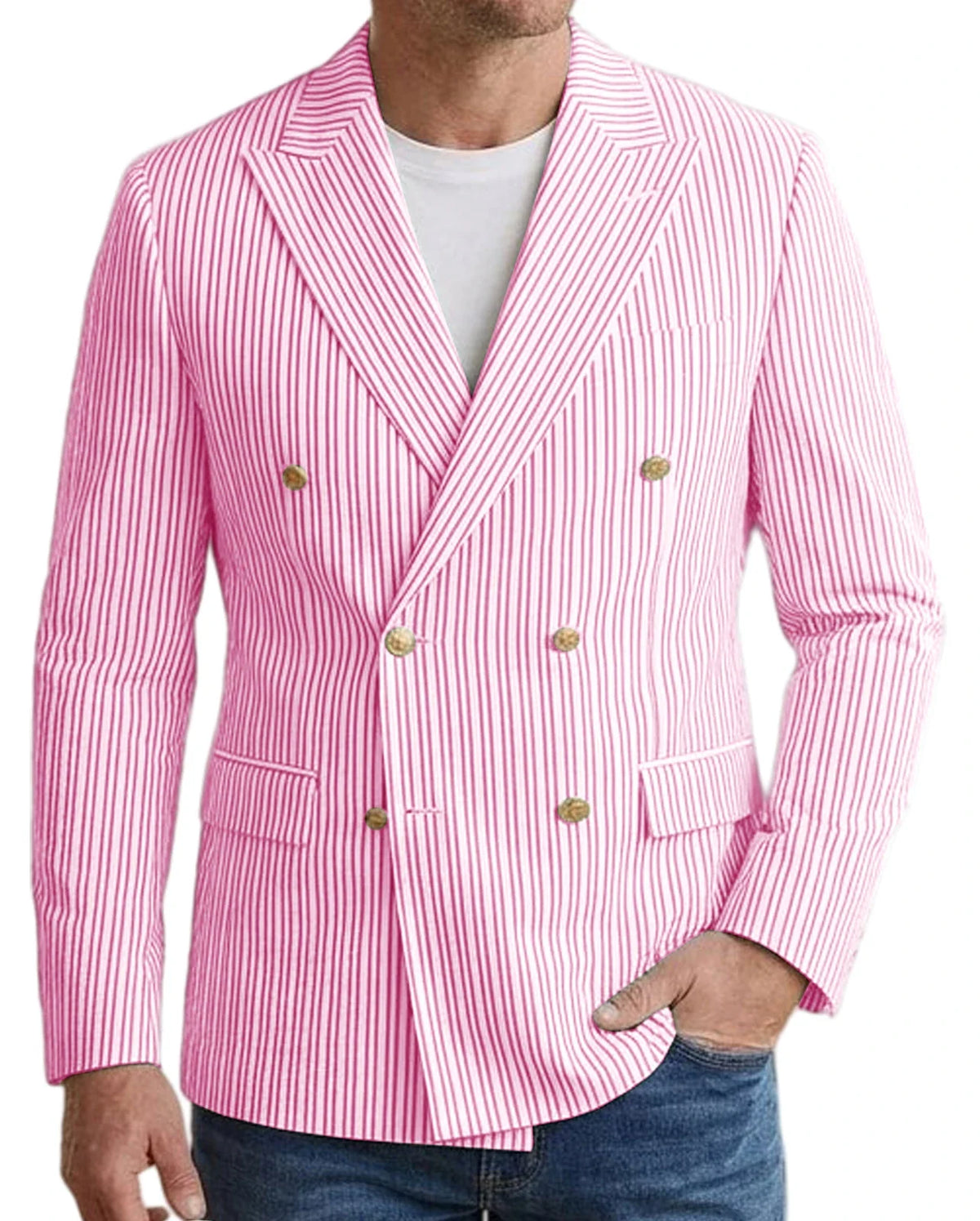 Vintage Men's Striped Double Breasted Blazer Casual Business Suit Jacket Lightweight Notched Lapel Sport Coat Wedding Party Wear