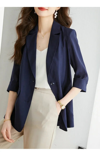 Casual Lyocell Suit Blazers Women 2026 Autumn Fashion Transparent Lightweight Three Quarter Sleeve Office Ladies Blazers