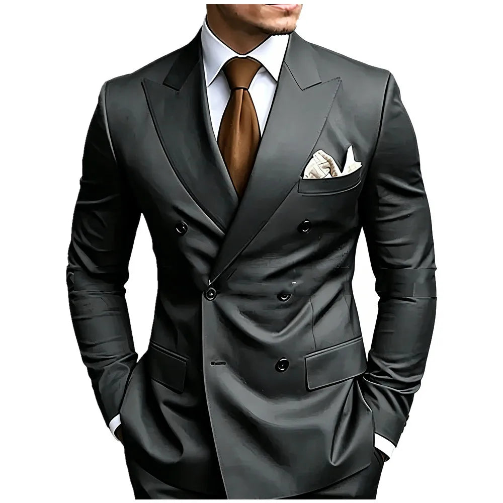 High Quality Brown Men Suits Double Breasted Bespoke Wedding Suit Peaked Lapel Formal Blazer Slim Fit  Groom Dress