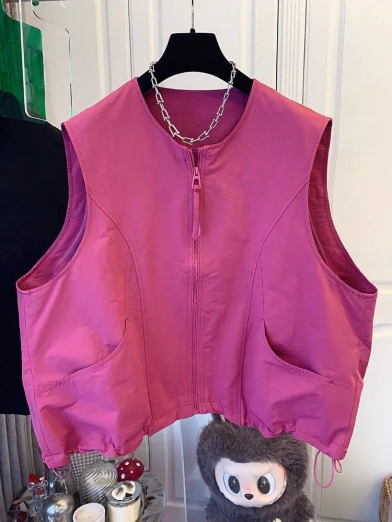 Women's Vest 2026 New Solid Color Round Neck Zipper Loose Sleeveless Jacket Vest Female Casual Tops Ladies Waistcoat Outerwear