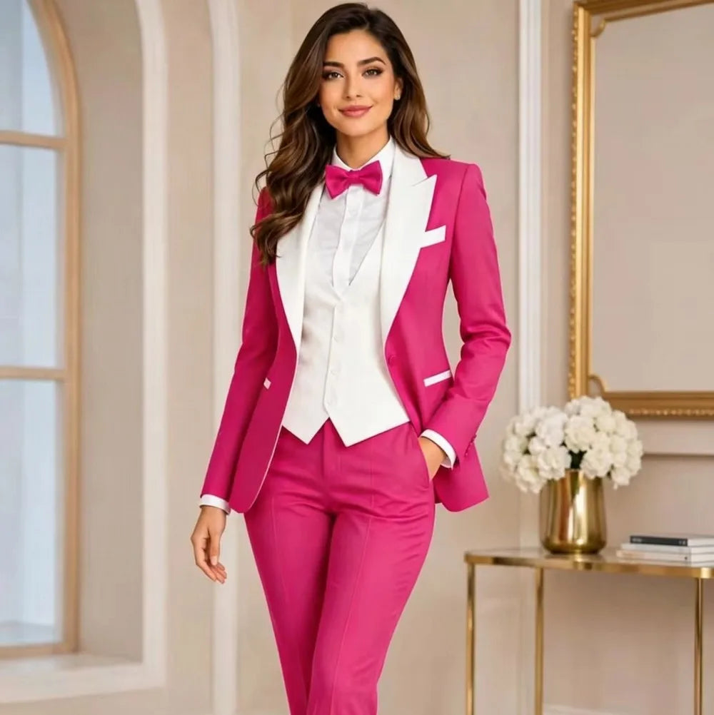 Rose Red And White Formal Business Women Suit Wedding Party Prom Mother Girl Tuxedos Costume 3 Piece Set Blazer Vest Pants