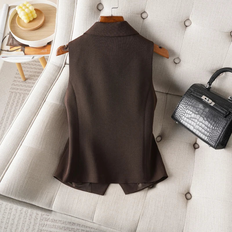 Brown Suit Vest for Women Spring and Autum Short Single-Breasted Slim Workplace Elegant Sleeveless Top Jacket