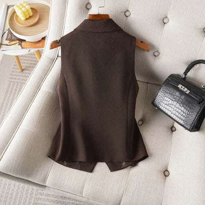 Brown Suit Vest for Women Spring and Autum Short Single-Breasted Slim Workplace Elegant Sleeveless Top Jacket