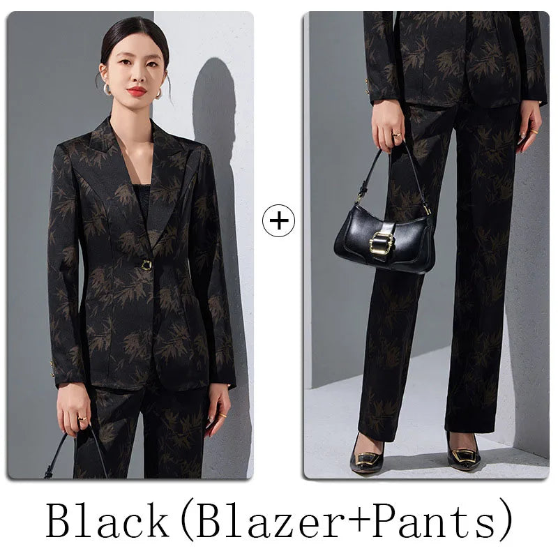 Two-Piece Leaf Print Blazer Pantsuits Set for Women Office Ladies Business Single Buttons Formal Spring Autumn Trousers Suit