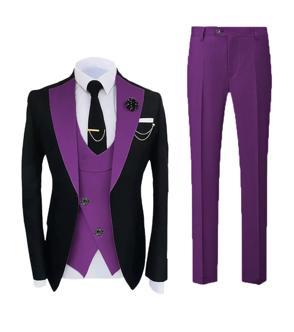 Mens Pant Suit Classic Contrast Flat Collar Blazer Jacket Slant-breasted Vest Trousers 3 Piece Set for Wedding Groom Groomsmen