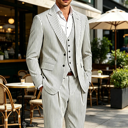 Men's 3-Piece Pinstripe Suit – Slim Fit Notched Lapel Blazer, Vest & Trousers for Wedding & Business