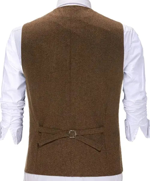 Men's Vest Herringbone V-Neck Single Button Waistcoat for Wedding, Business & Casual Wear