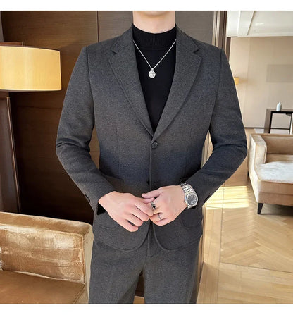 Plus Size 7XL-M ( Jacket+Pant）Autumn Winter Thickened Starry Sky Woolen Suit High Quality Slim Fit Business Social Casual 2 Pcs