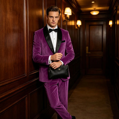 Men's Velvet 2-Piece Tuxedo Suit Satin Shawl Lapel Slim Fit Blazer & Pants for Wedding, Prom & Banquet