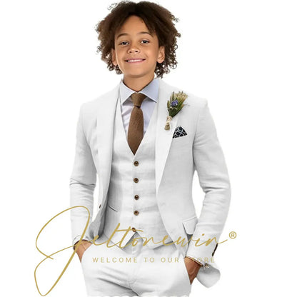 Casual Beige Linen Suits for Boy 3 Pieces Blazer Vest Pants Set Peaked Lapel Kids Suit Wedding Summer Beach Prom Party Tuxedo
