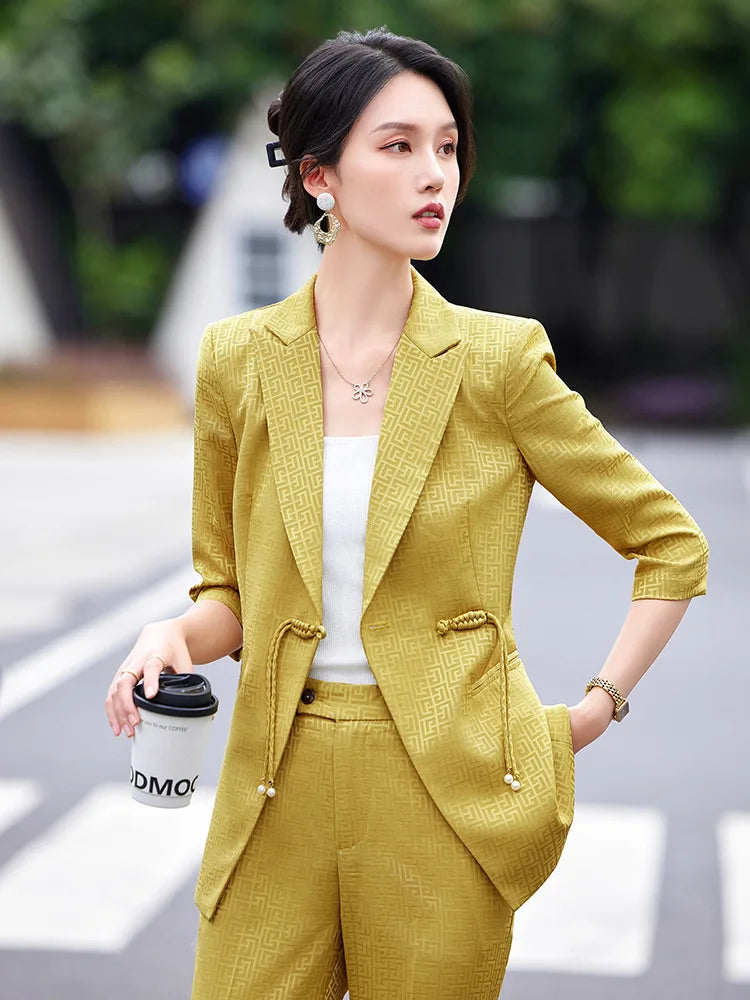 Chinese style Spring Summer Women Elegant Office Work Three Quarter Blazer Tops And Flare Pant Fashion Oversize Two Piece Suits