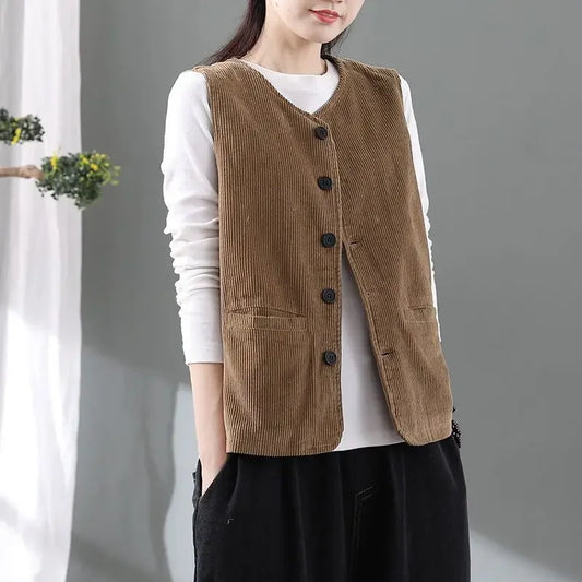 Japan Cargo Vintage Corduroy Vests Women Retro Solid Color V-neck Waistcoats Elegant Waistcoat Single Breasted Sleeveless Coats