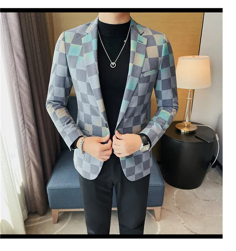 Brand Luxury Plaid Suit Jacket for Men 2023 Autumn Casual Blazer Masculino Fashion Slim Business Wedding Groom Social Dress Coat