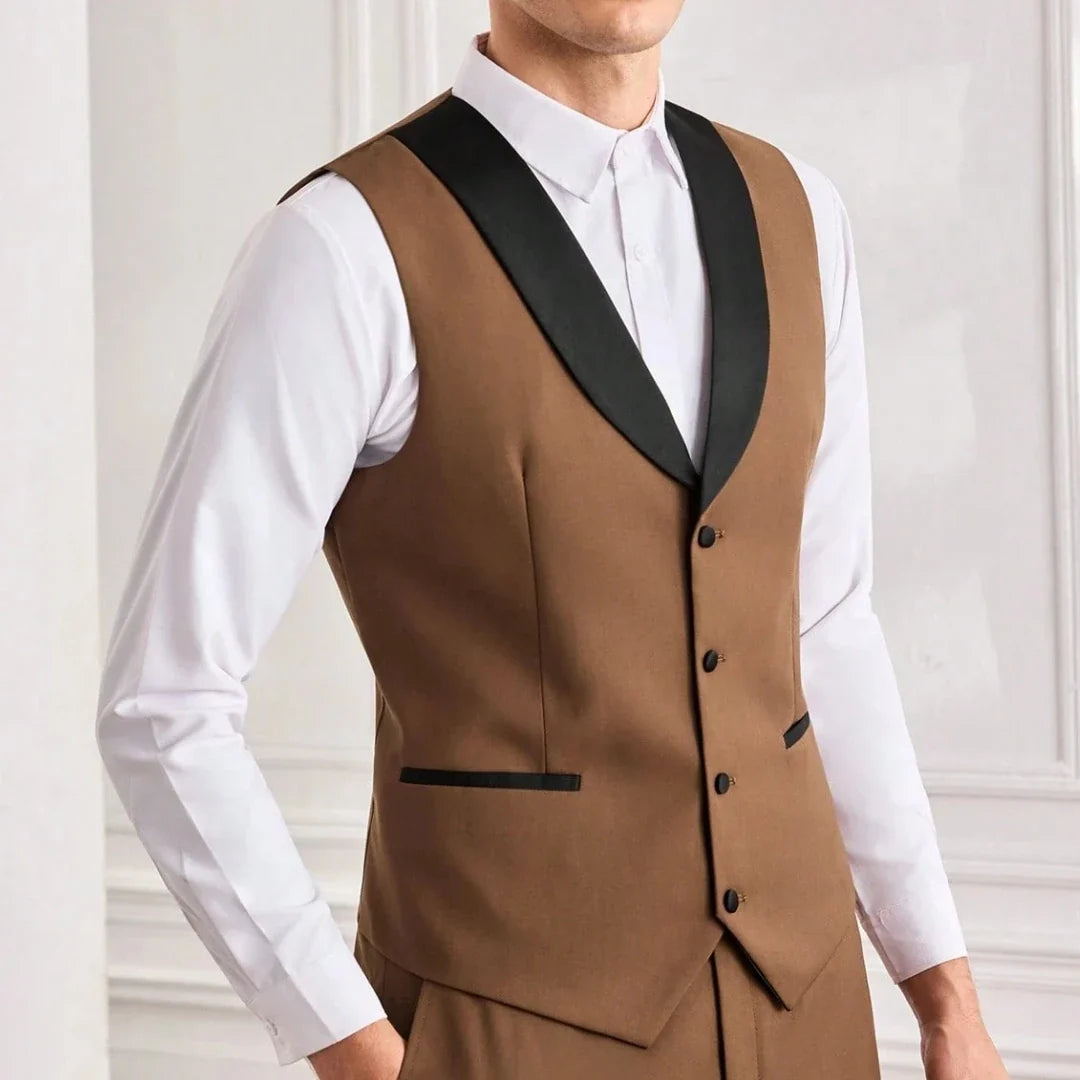 Men's Suit Vest – Single Breasted Brown Waistcoat with Black Lapel for Weddings & Formal Occasions