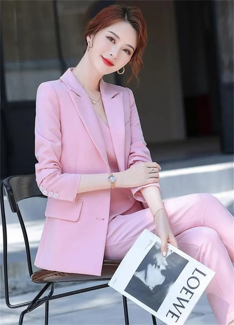 Lady Solid Lapel Blazer Suit Full Sleeve V-neck Single Breasted Straight Leg Pants Suits 2026 Fashion New Office Commute Outfit