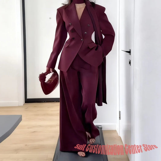 Elegant Women Double Breasted Suit Set Double Breasted Peaked Lapel Blazer+Pants Daily Slim Fit Office Evening Party Outerwears