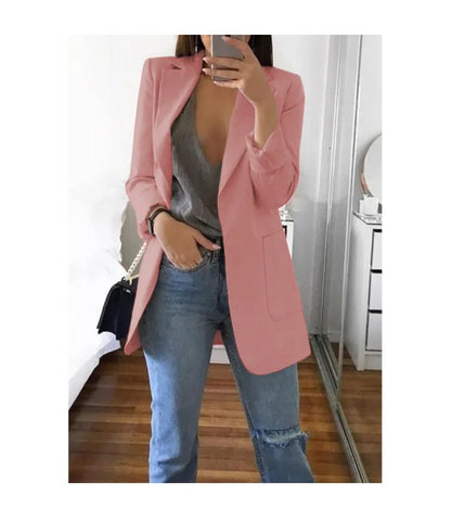 Women's Casual Blazer Notched Lapel Long Sleeve Open Jacket with Pockets Slim Fit Spring Autumn Office Lady Streetwear Coat