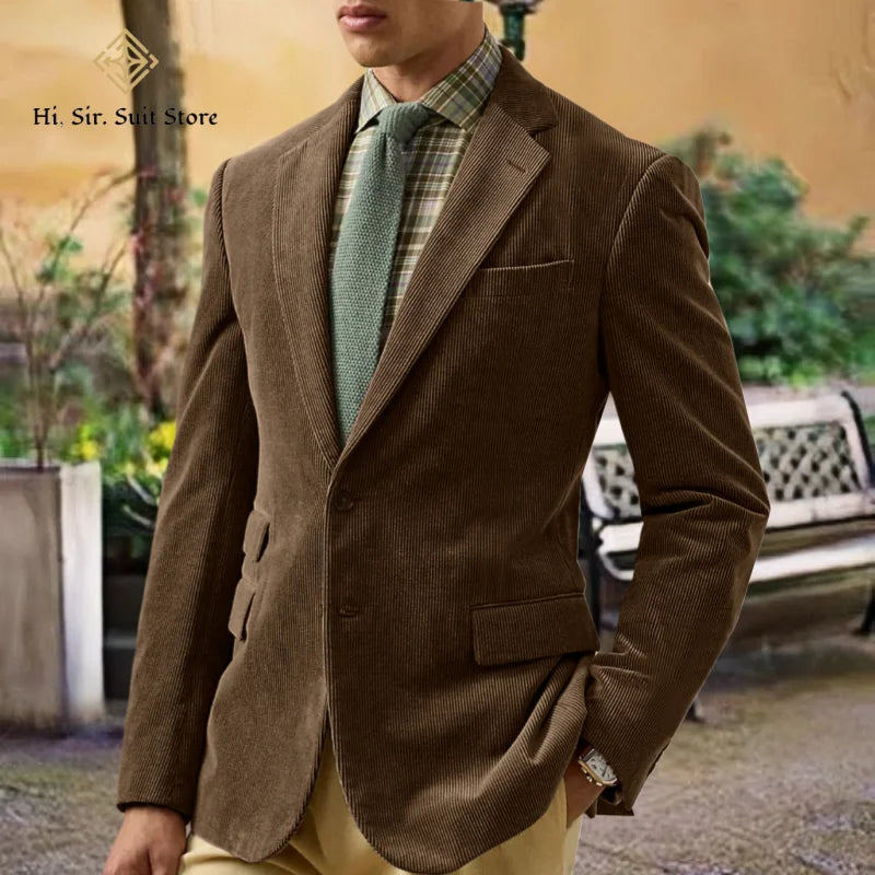 Spring/Autumn New Corduroy Suit Retro Casual Notched Lapel Jacket Single-Breasted Men's Solid Colour Suit Western Sport Coats