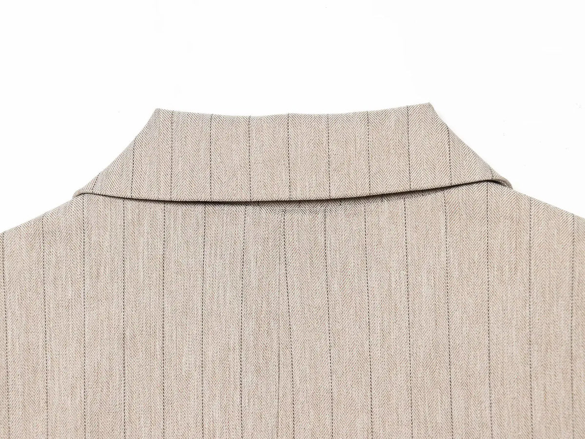 Women Khaki Striped Blazer Jacket Y2k 2000s Vintage Suit Coat Long Sleeve Single Breasted Oversize Outerwear Spring Autumn 2025