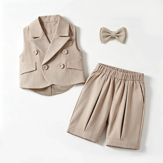 Toddler 3-24 Month Boys 3Pcs Solid Khaki Double Breasted Vest  Shorts Bow Tie Wedding Baptism Birthday Formal Gentleman Outfit
