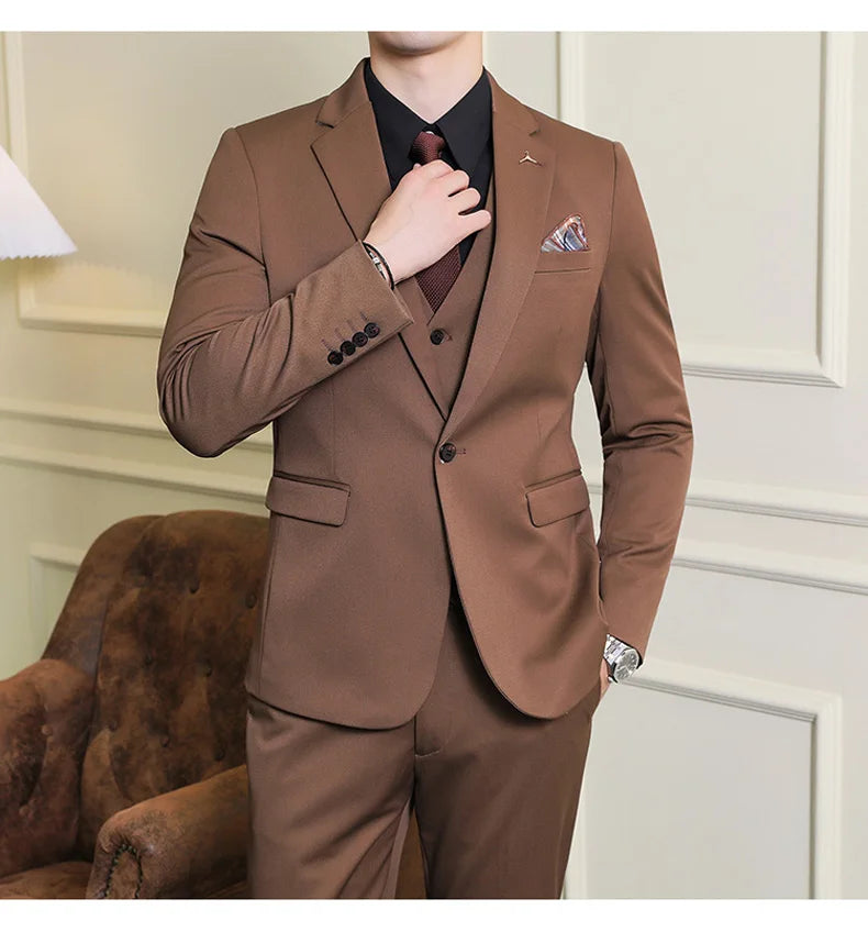 2025 Men's Wedding Suit Vest Trousers Set Fashionable Handsome Solid Color Groom's Three-Piece Outfit Available in Sizes M-7XL