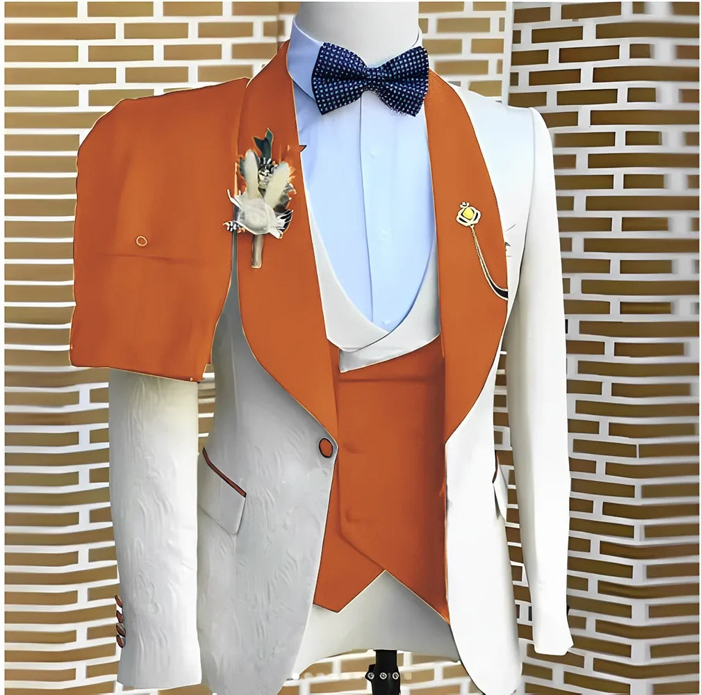 White Jacquard Elegant suits Men For Wedding Formal Jacket Vest Pants 3 Pieces Groomsman Tuxedos Tailored Male Fashion Clothing