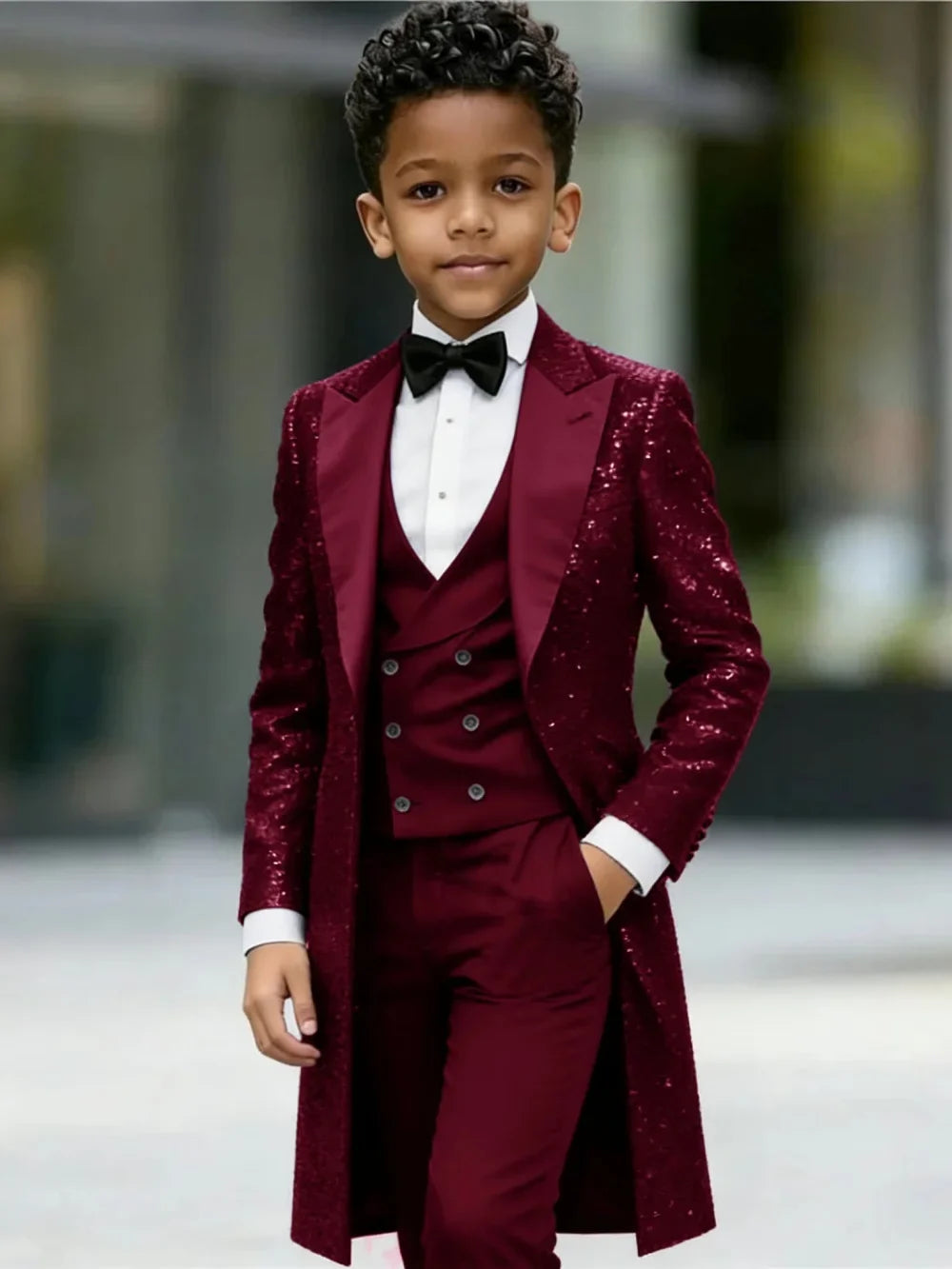 New Boys Sequined Long Jacket Suit Set 3 Pieces Formal Party Wear Handsome Chic Peak Lapel Kids Tuxedo For Birthday 2-20T