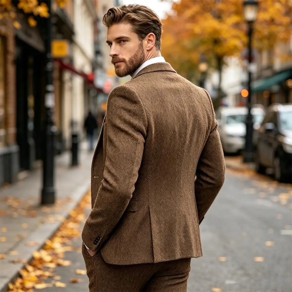 Classic Herringbone Tweed Mens Suits Stylish Vintage Tuxedo Set 3 Pieces Blazer Vest and Pant For Wedding Business Evening Party