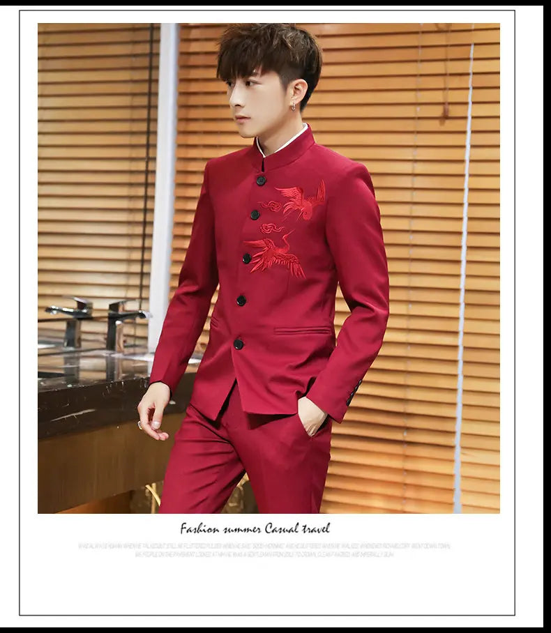 Suit (Blazer + Trousers) Men's Chinese-Style Stand-Up Collar Wedding & Business Suit