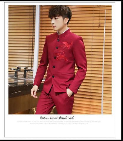 Suit (Blazer + Trousers) Men's Chinese-Style Stand-Up Collar Wedding & Business Suit