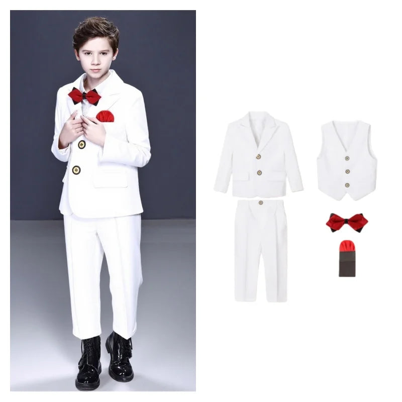 Kids White Suit Set Boy Formal Wedding Birthday Party Wear Children's Jacket Vest Pants Bowtie+Pocket Towel 5Pieces Clothes Set