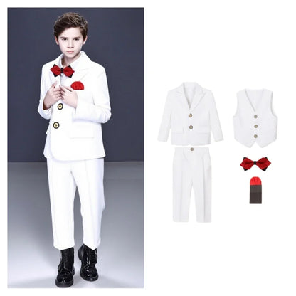 Kids White Suit Set Boy Formal Wedding Birthday Party Wear Children's Jacket Vest Pants Bowtie+Pocket Towel 5Pieces Clothes Set
