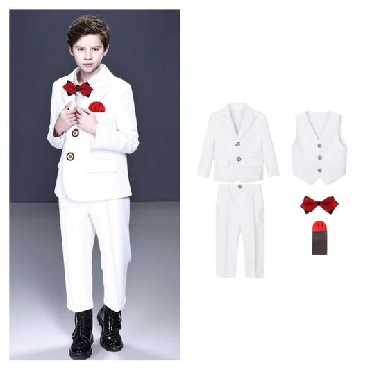 Kids White Suit Set Boy Formal Wedding Birthday Party Wear Children's Jacket Vest Pants Bowtie+Pocket Towel 5Pieces Clothes Set